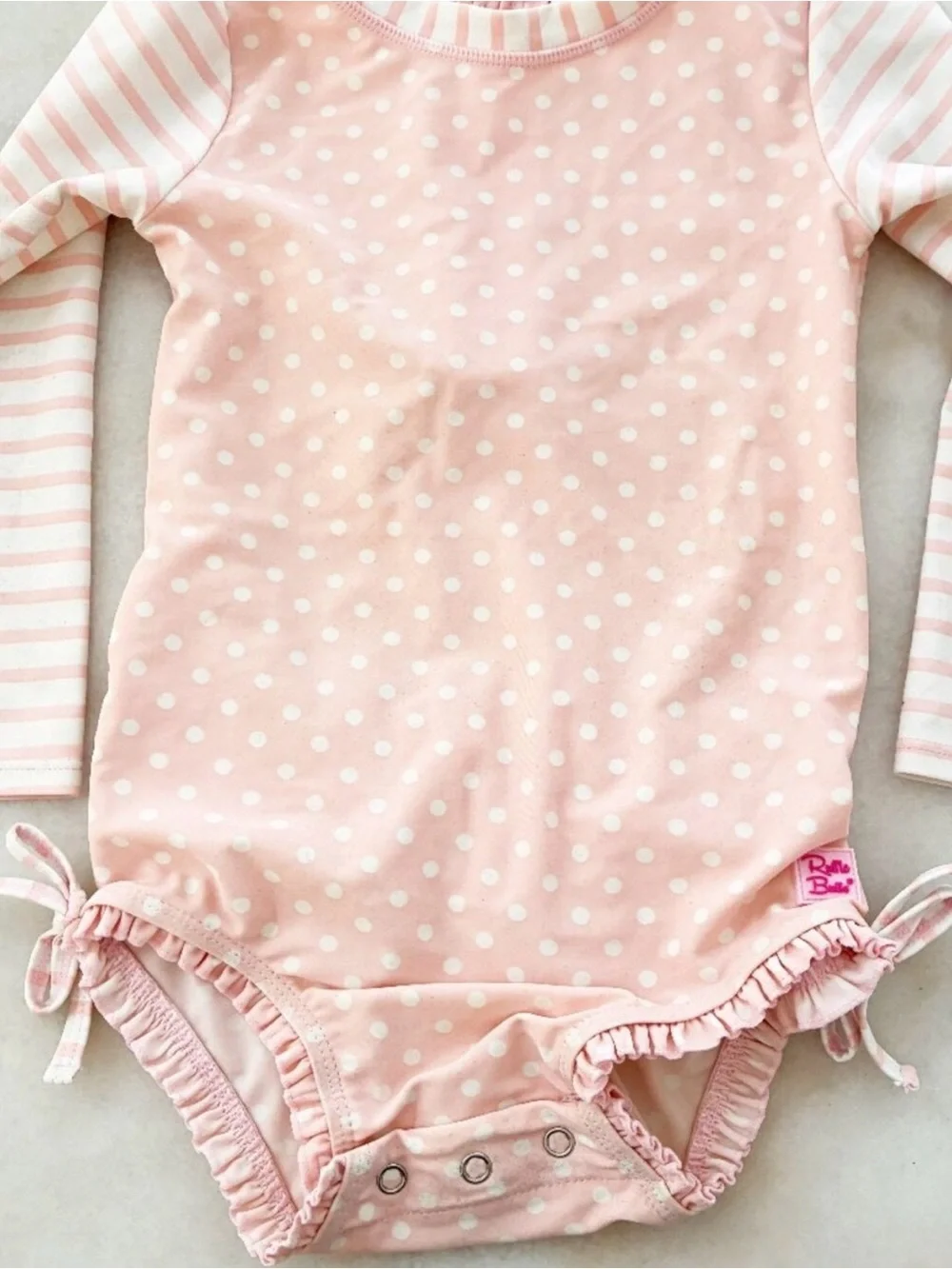 Ruffle Butts Toddler Pink Polka Dot L-Sleeve One Piece Rash Guard Swimsuit S 3T